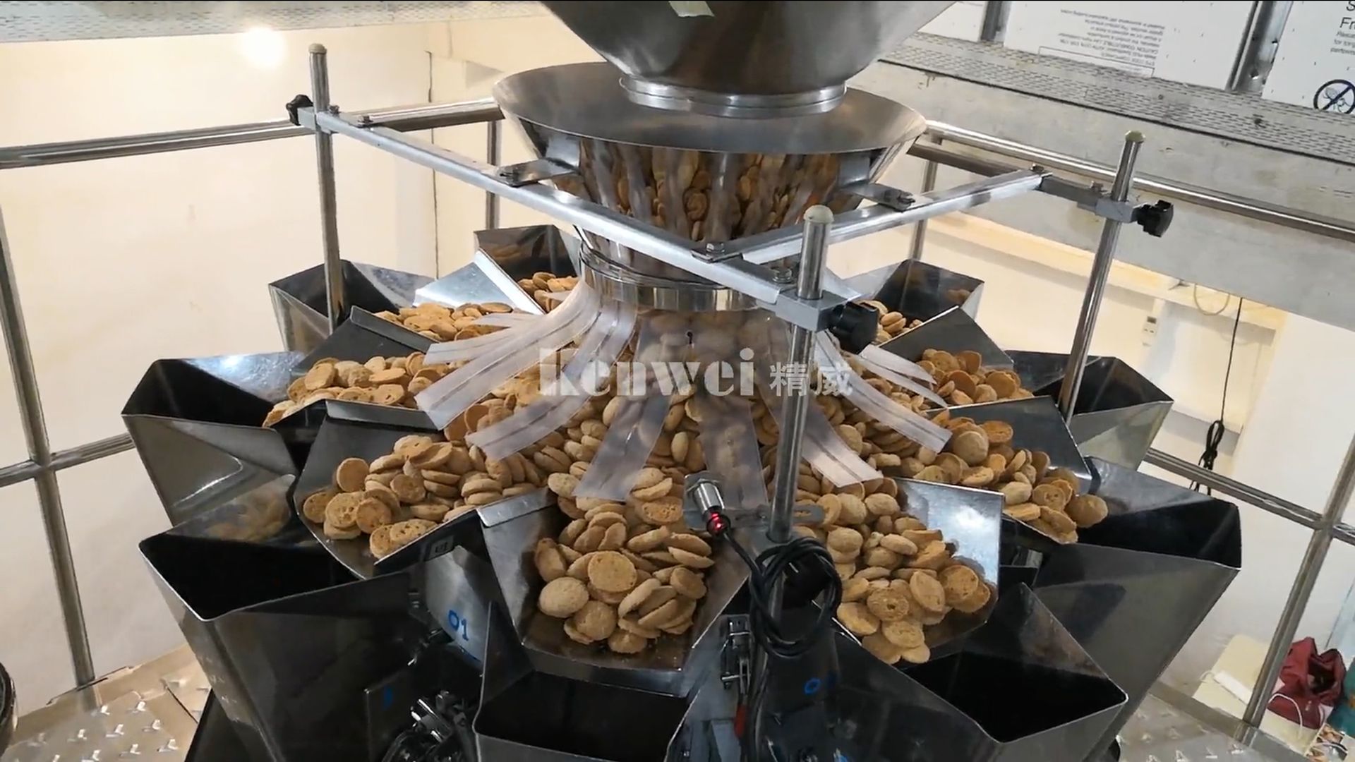 Sistema de pesagem e embalagem de biscoitos com balança multicabeça padrão de 10 cabeças