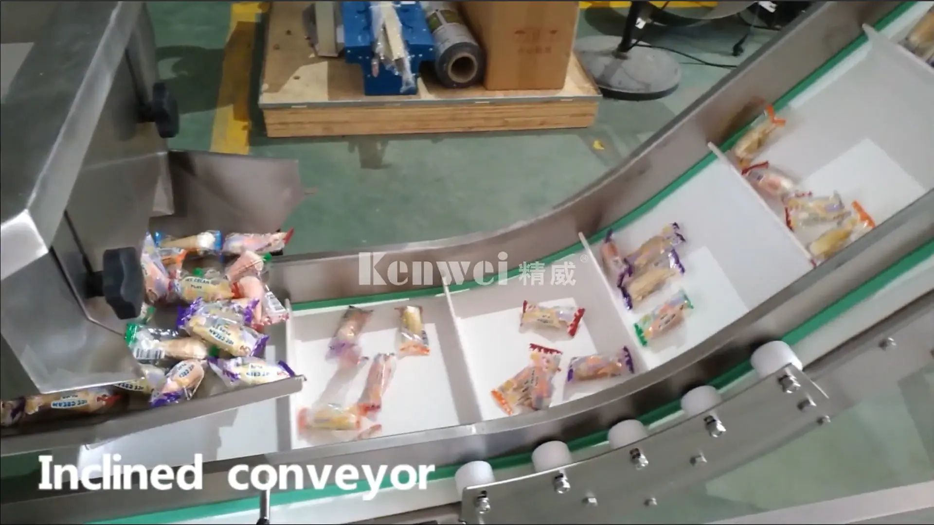 Inclined conveyor in packaging system