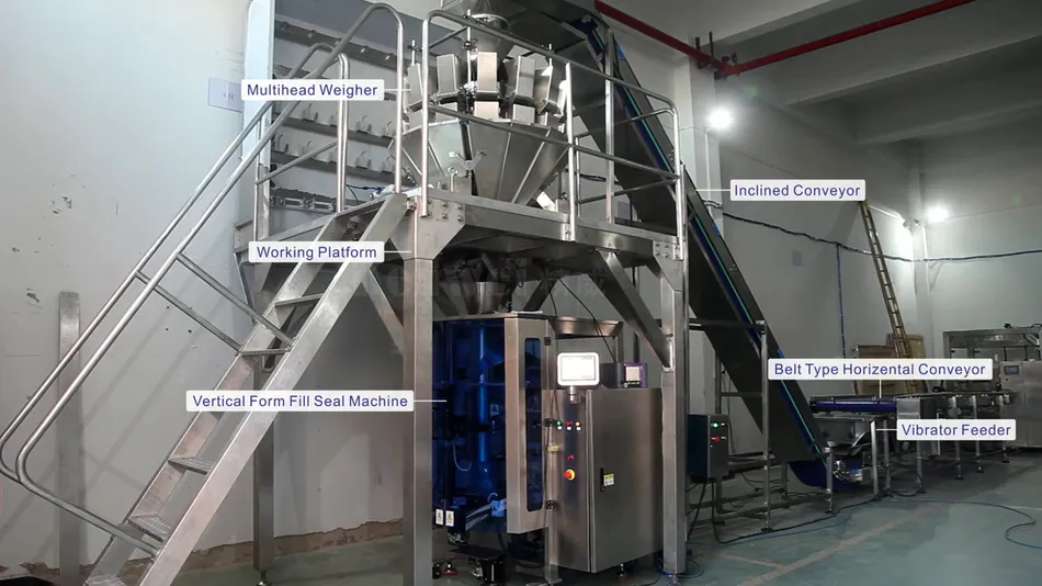Vertical weighing and packaging machine with inclined conveyor