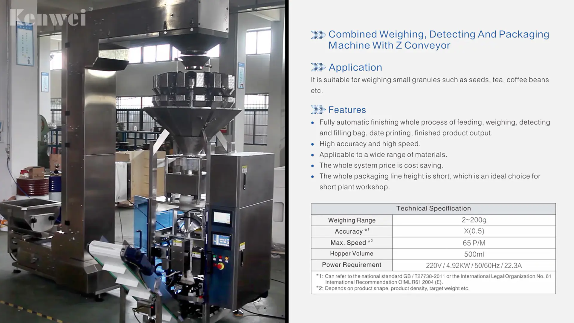 Combined weighing,detecting and packaging machine with Z conveyor