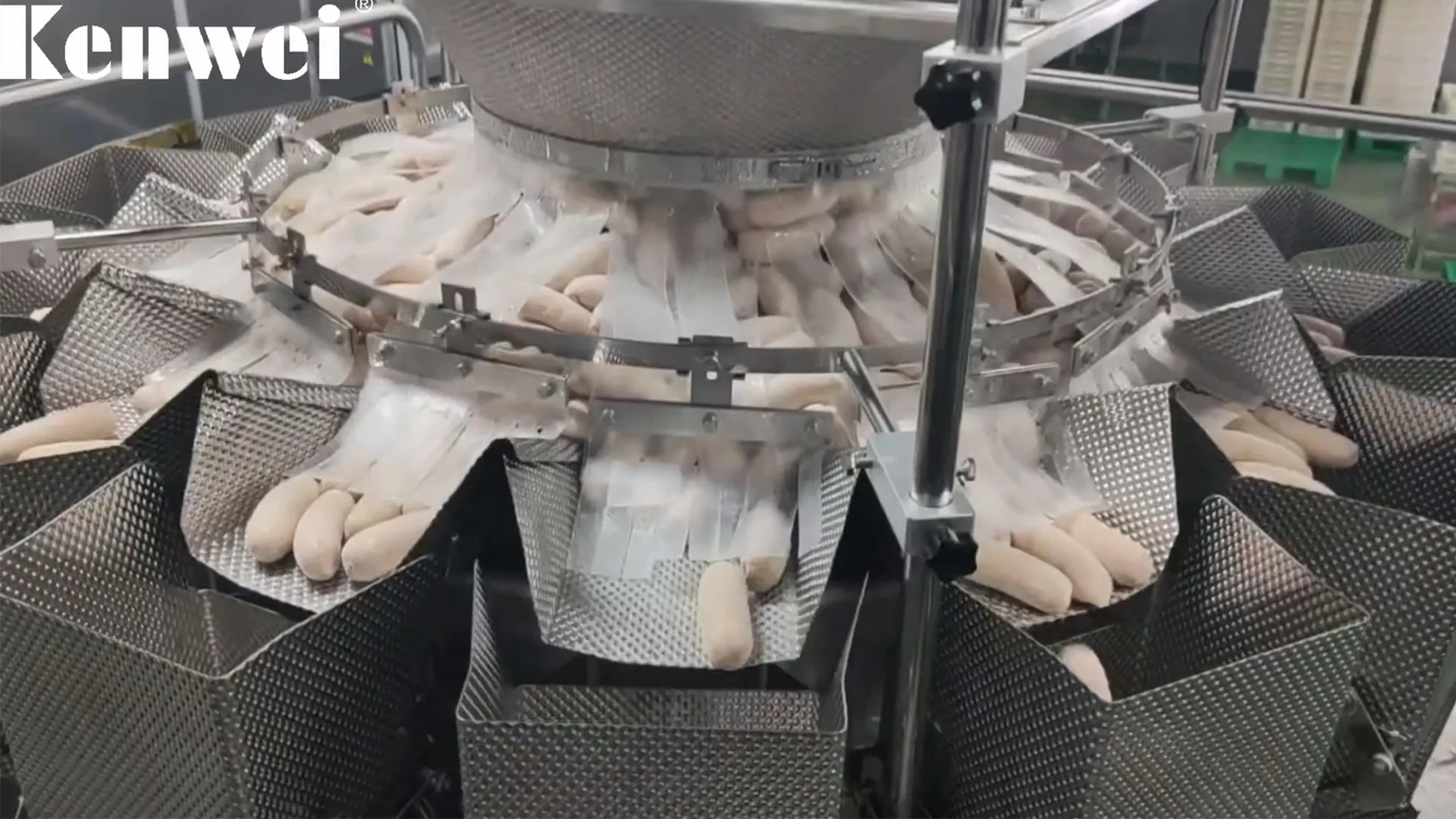 Frozen sausage packing machine with multihead weigher system